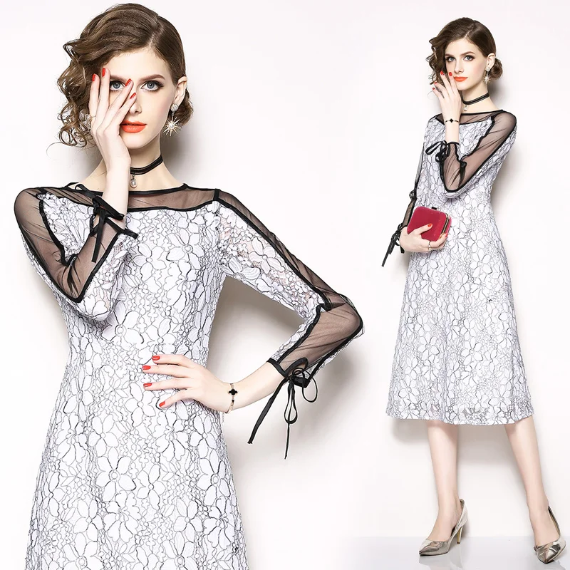 

Женское кружевное платье средней длины, белое платье с длинным рукавом, весна-осень 2019