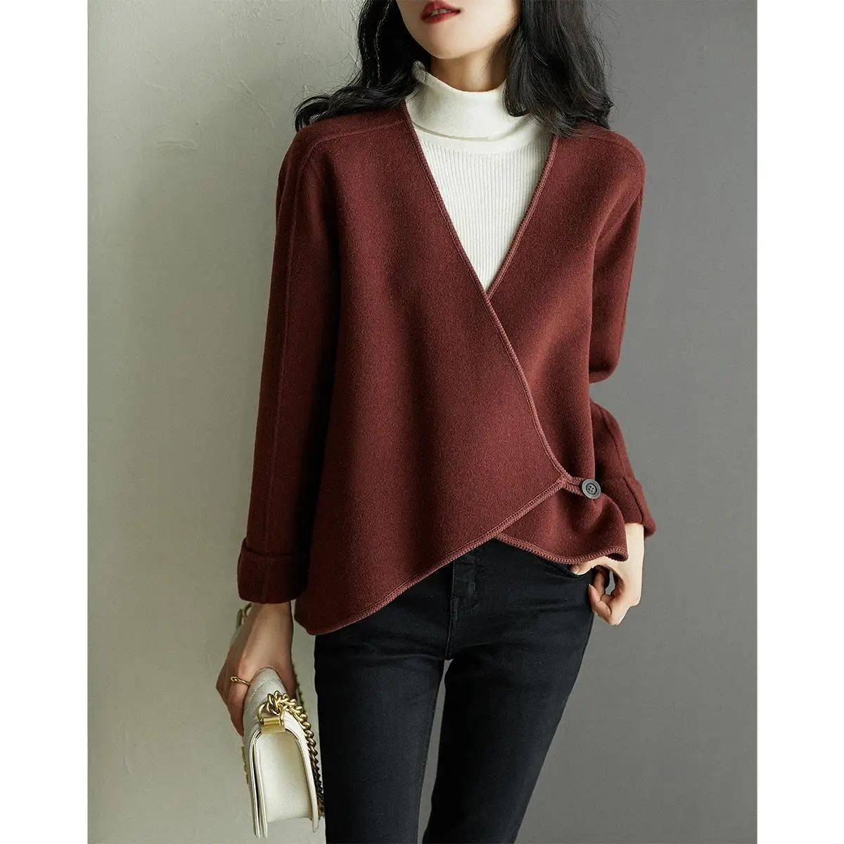 

Asymmetrical Wool Women Coats Autumn Winter Vintage 2021 V-Neck Loose Long-Sleeved Casual Female Outwear Tops