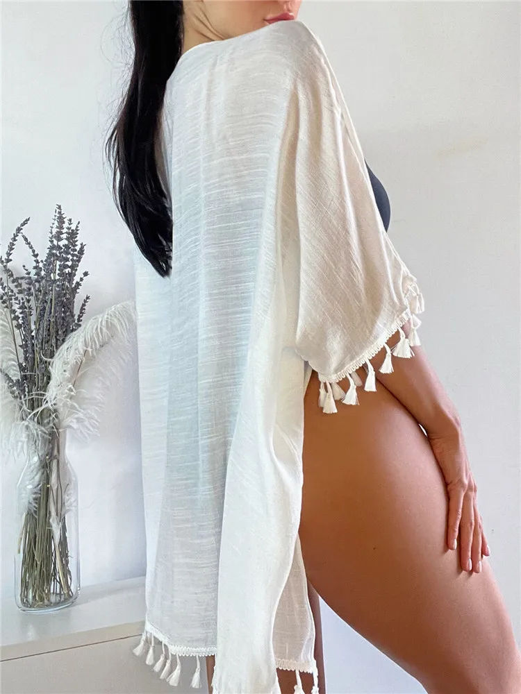 

Summer Women Sexy Bikini Cover-Up Half Sleeve Solid Color White Open Front Swim Beach Tassel Cardigan Swimsuit Swimwear