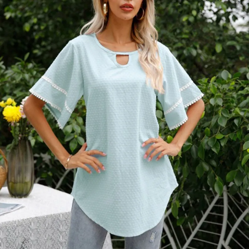 

Female Lace Splicing T-shirt Tops Fashion Women Tops Round Neck Short Sleeve T-shirt Summer Plus Size Shirt Solid Color Tops