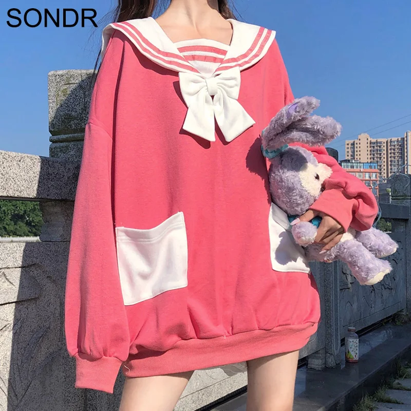 

Осенняя толстовка с ушками кролика, женский свободный Белый свитшот в колледжском стиле с темно-синим воротником, милый мягкий розовый пуло...
