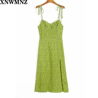 casual beach boho side split dress sukibandra summer green floral print midi dress for women vintage spaghetti strap dresses