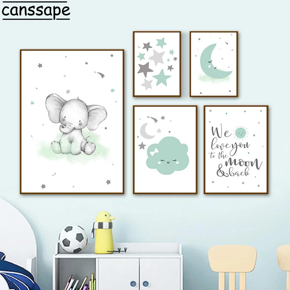 

Детская зеленая настенная живопись, звезды, луна, облака, ребенок, слон, постер на холсте, Детские постеры, печать, картина в скандинавском ст...