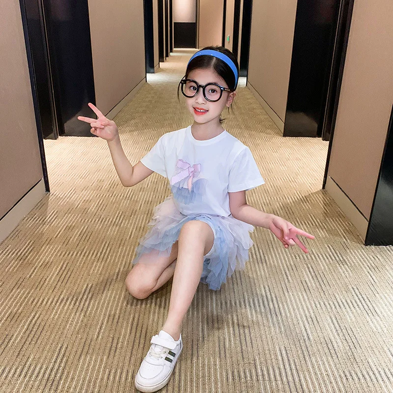 

T-Shirt+Cupcake Skirts Rainbow 2Pcs Sets Age For 3 - 12 Years Baby Girls Back To School Outfits 2021 New Summer Children Clothes