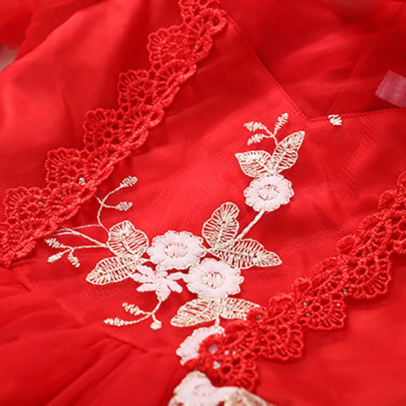 

Flower Girls Dresses Illusion Luxury Red Embroidery O-Neck Tulle Full Floor-Length Ball Gown Lace Kids Party Princess Skirt D378