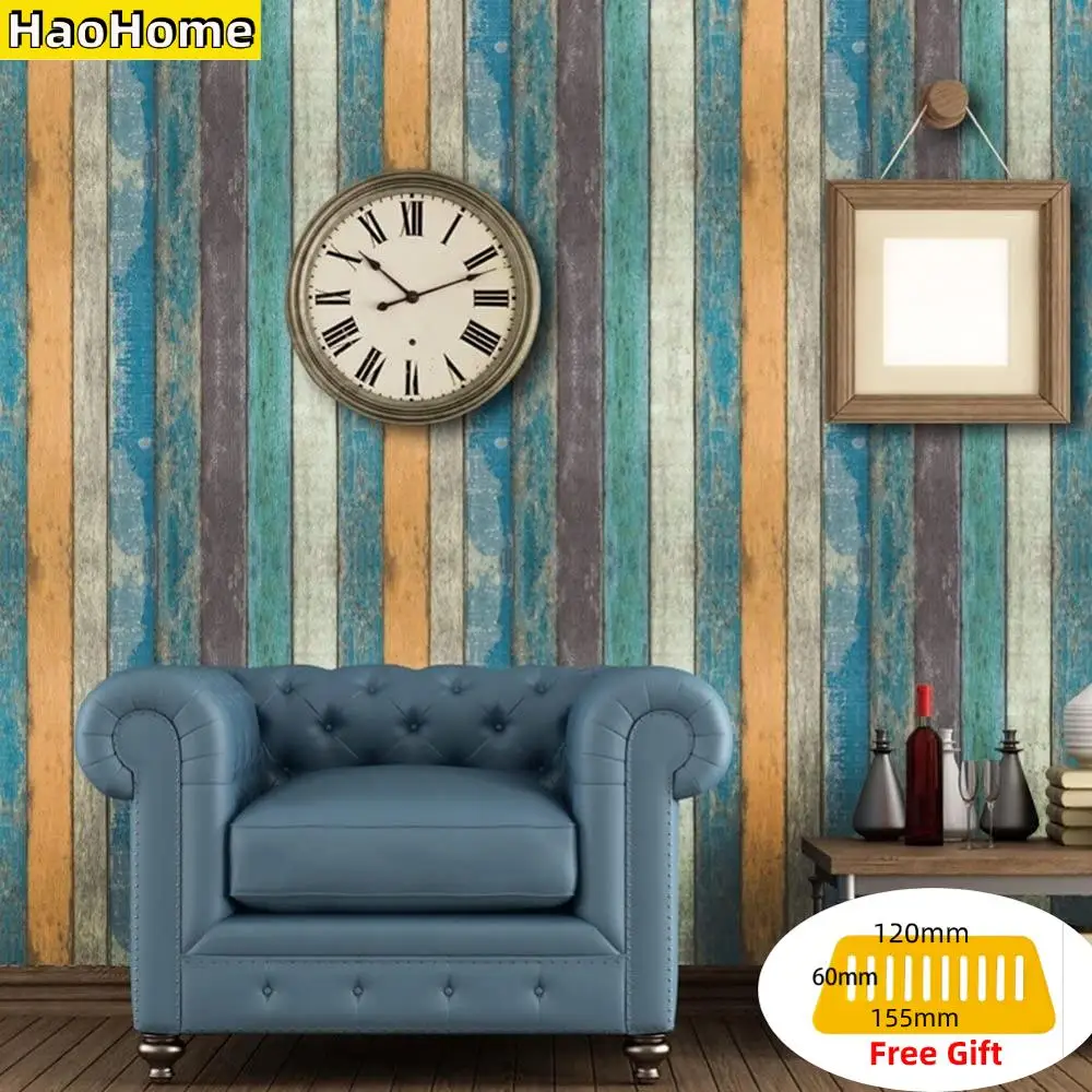 

HaoHome Peel & Stick Wood Plank Wallpaper Tan/Blue/Brown Self Adhesive Contact Paper Wall Furniture Sticker