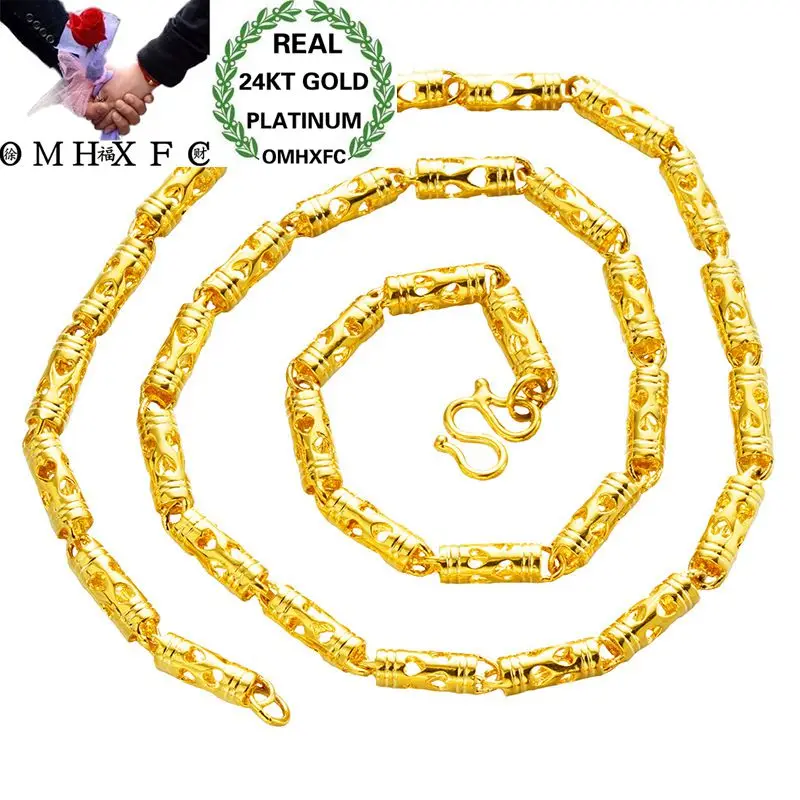 

OMHXFC оптовая продажа, Европейская мода, мужской свадебный подарок для вечеринки, длина 50 45 см, ширина 3 мм, цилиндр, настоящая 24KT Золотая цепоч...