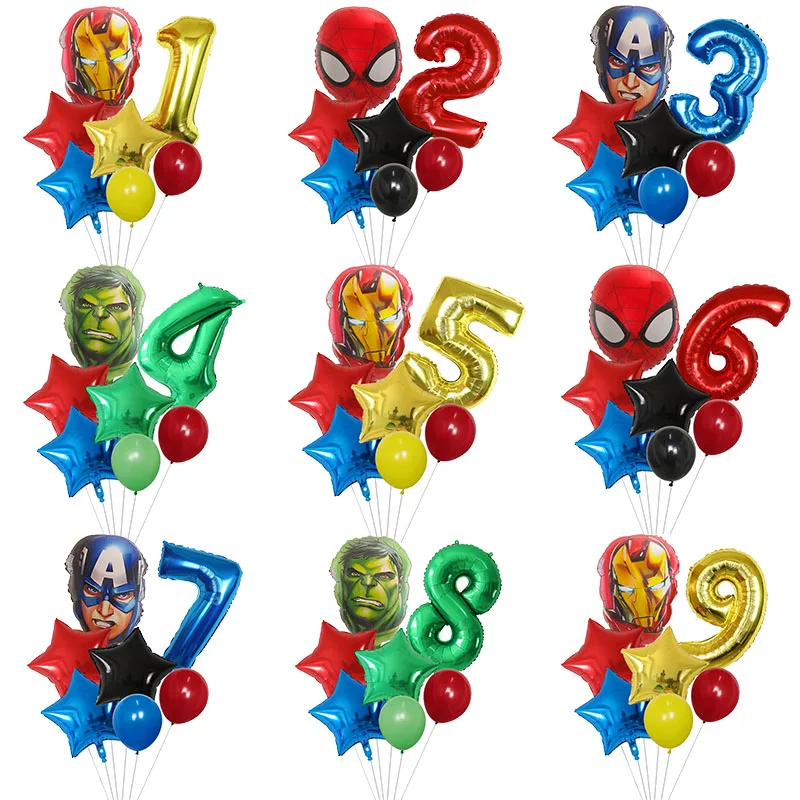 

7Pcs SuperHero Head Digital Balloons Set Spider Iron Captain America Hulk Air Globo Kid Avenger Theme Birthday Party Decorations