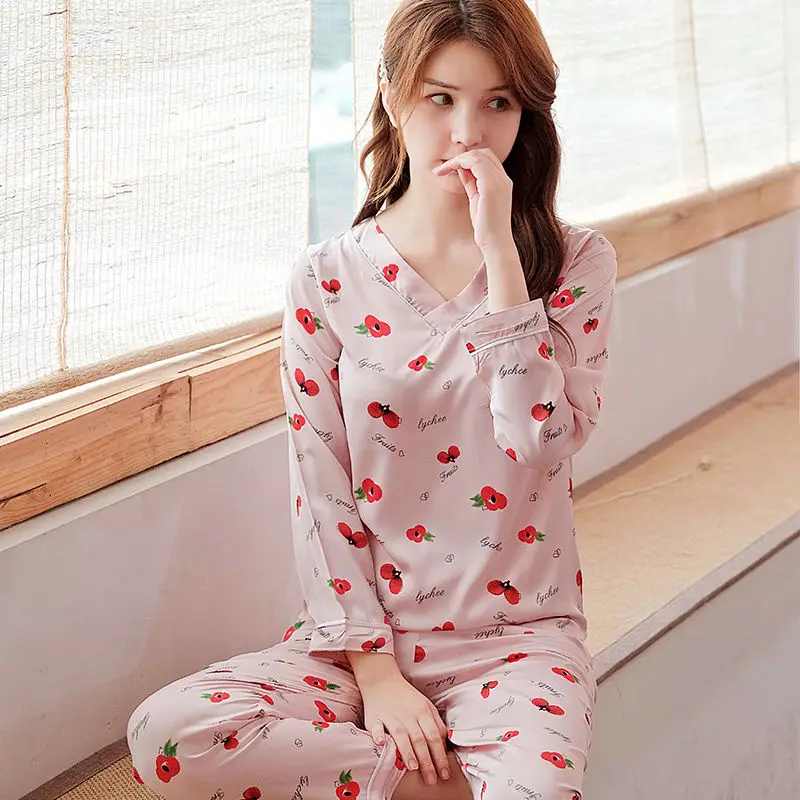 

Pajama Sets Women Sweet V-Neck Silk Satin Womens Sleepwear 2 Pieces Set Leisure Fashion Elegant Loose Nightwear Homewear Ulzzang