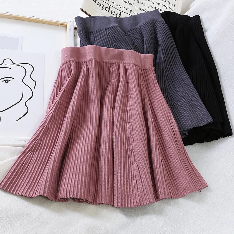 Зима Осень 2019 юбки женские плиссированные вязаные шерстяные мини полоса Высокая