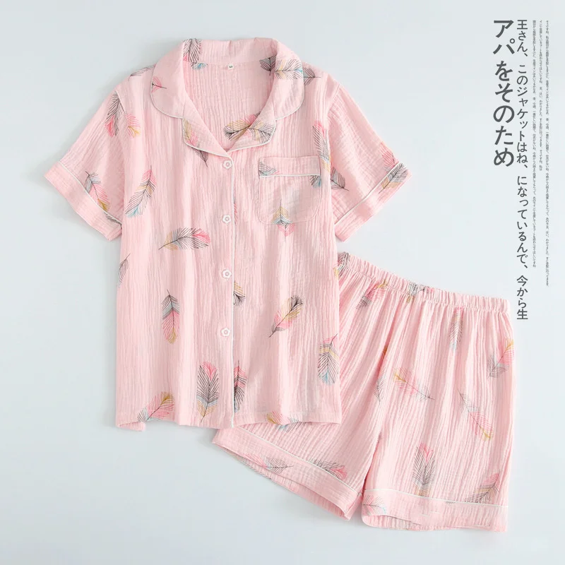 

2021 Ladies Summer New Short-Sleeved Shorts Pajamas 100% Cotton Crepe Home Service Suit Simple And Beautiful Comfortable Set