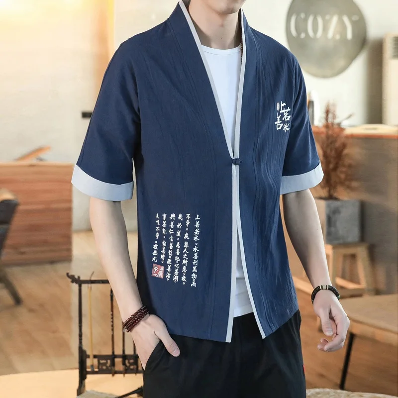 Льняная футболка в китайском стиле на пуговицах мужская летняя рубашка с