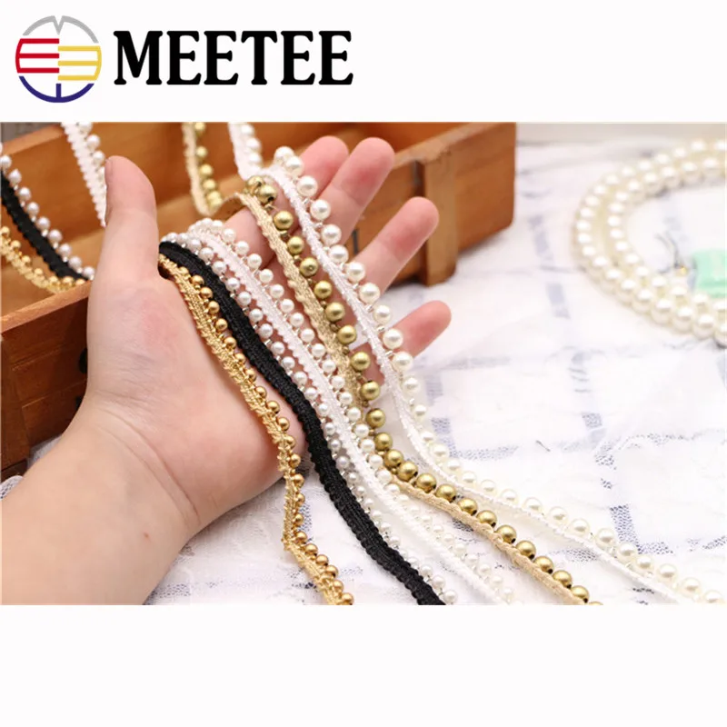 Кружевная обшивка Meetee 5 ярдов 1 см с золотым жемчугом украшенная бусинами ручная
