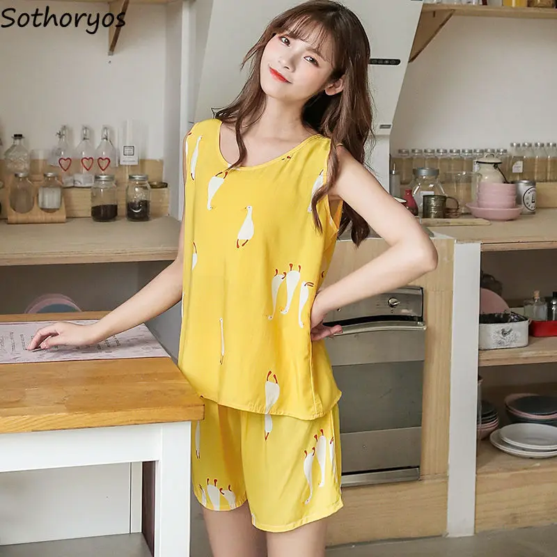 

Летние Пижамные комплекты без рукавов топы и шорты для женщин, с рисунком, Повседневная простая одежда для сна из двух предметов Домашняя од...