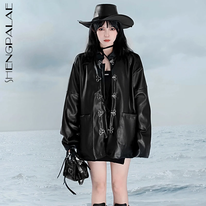 

SHENGPALAE, уличная куртка из искусственной кожи в стиле панк, Женская Осенняя куртка, новинка 2021, Свободное пальто с длинными рукавами с круглым ...