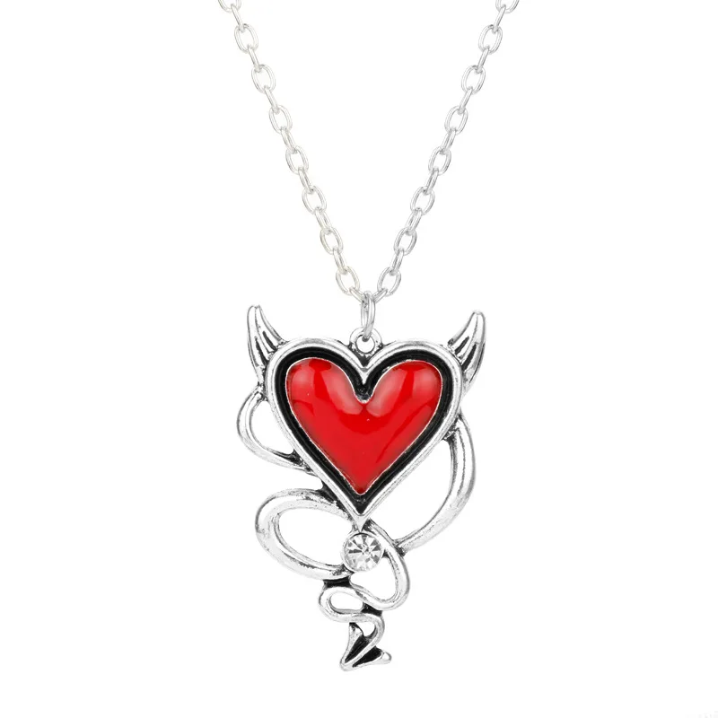 

Europe And America Halloween Gothic Punk Metal Necklace With Red Nectarine Heart Pendant Necklace