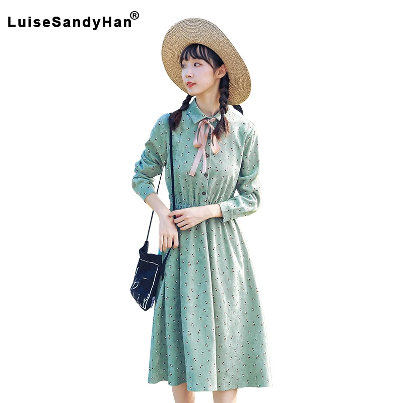 Женское платье с длинным рукавом Sen тонкое вельветовое принтом эластичным поясом