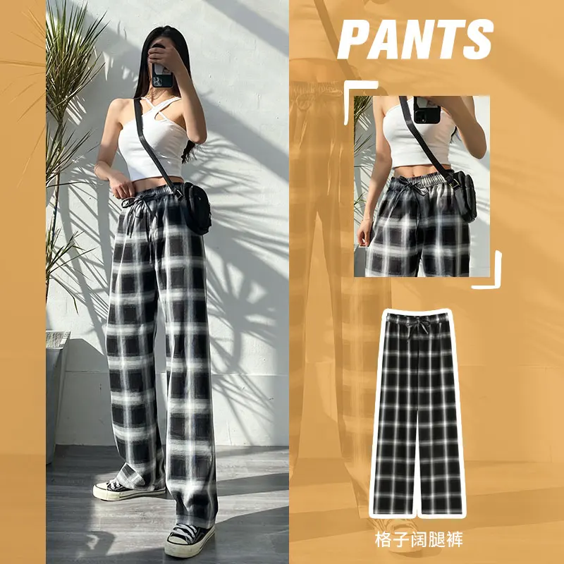

Брюки женские в черно-белую клетку, свободные прямые повседневные штаны с высокой талией, брюки в клетку с рисунком швабры, весна 2021