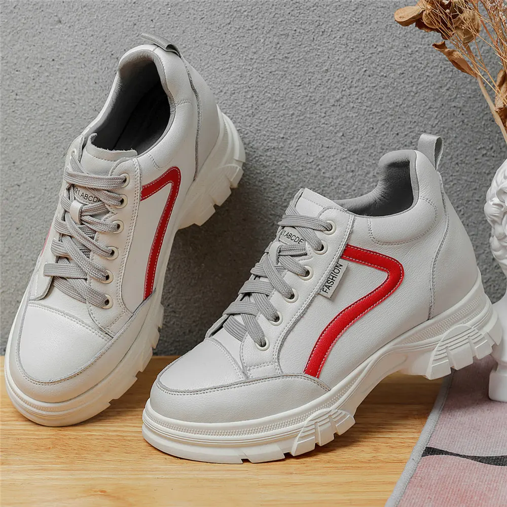 Oxfords Shoes Women Lace Up Cow Leather High Heel Ankle Boots Female Height Increasing Round Toe Fashion Sneakers Casual Shoes