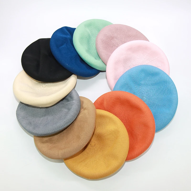 wholesale 12 colors Breathable knitted beret for women pink black french caps female solid felt hat summer berets | Аксессуары для
