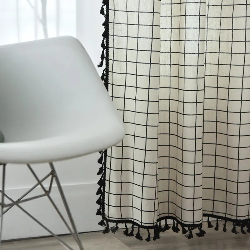 

Check Plaid Semi-Blackout Window Curtain Darkening Farmhouse Cotton Linen with Tassels Rod Pocket for Living Room Bedroom TJ6478