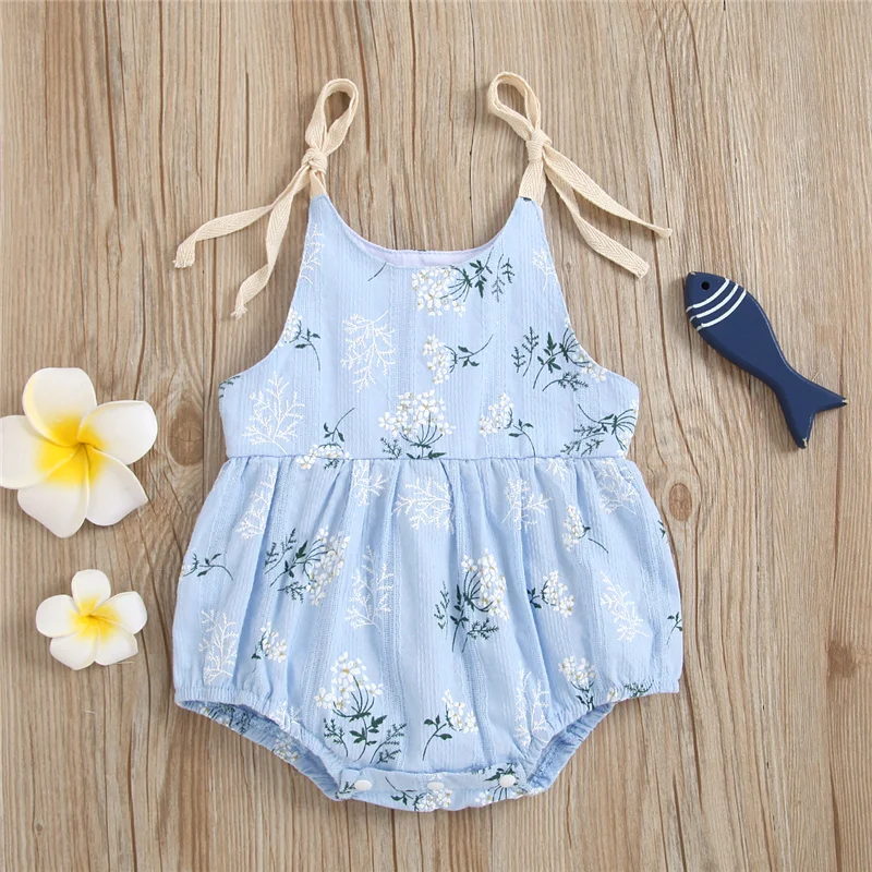

Toddler Infant Girls Summer Sleeveless Cotton Romper,Newborn Baby Girls Tie-up Plant Pattern U-shaped Neck Playsuit,0-24Months