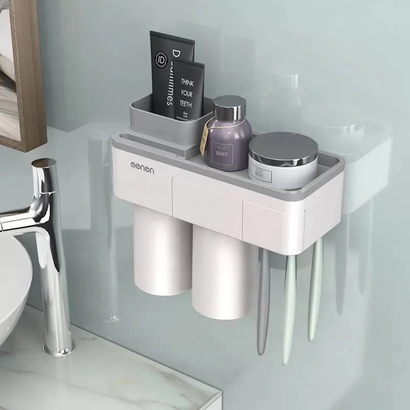Gray 2 Cups Настенная подставка для зубных щеток, монтируемый автоматический диспенсер для зубной пасты, стеллаж для хранения фена, держатель для салфеток, набор аксессуаров для ванной комнаты - Цвет: Gray 2 Cups
