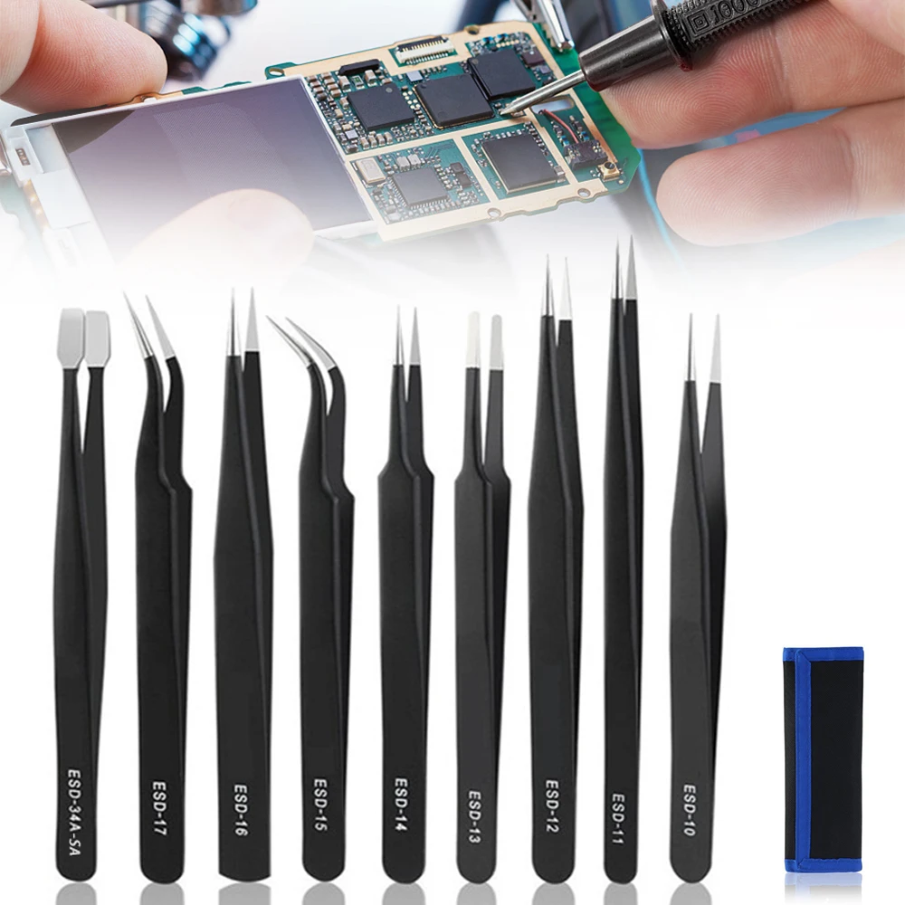 Набор антистатических пинцетов 9 шт. высокоточный изогнутый Прямой пинцет из