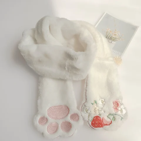 Женский зимний комплект из шарфа и перчаток, милый плюшевый японский модный шарф с вышивкой в виде кошачьей лапы, теплые пушистые длинные шарфы для девочек