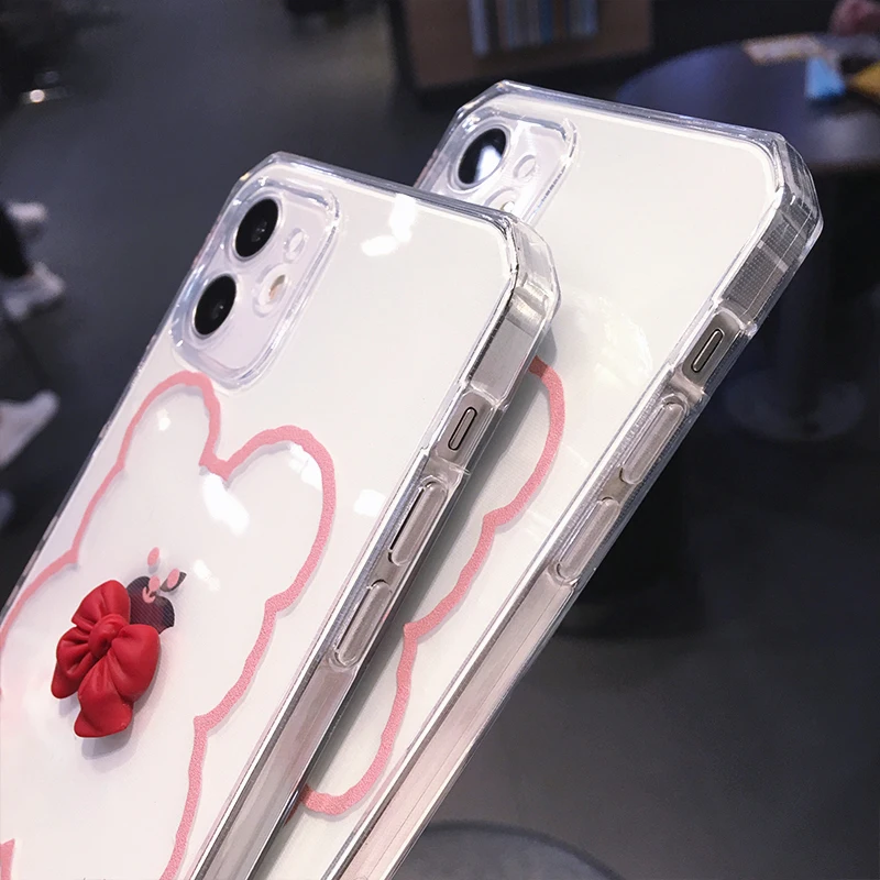 

3D Cute Cartoon Bear Bowknot Clear Phone Case For iPhone 12 Pro MAX 11 XS XR X 7 8 Plus Mini SE 2020 Transparent Soft Back Cover