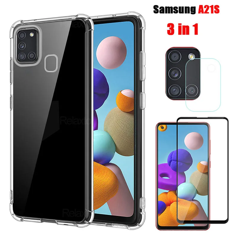Стекло и чехол 3 в 1 для Samsung A21S мягкие противоударные чехлы с подушкой