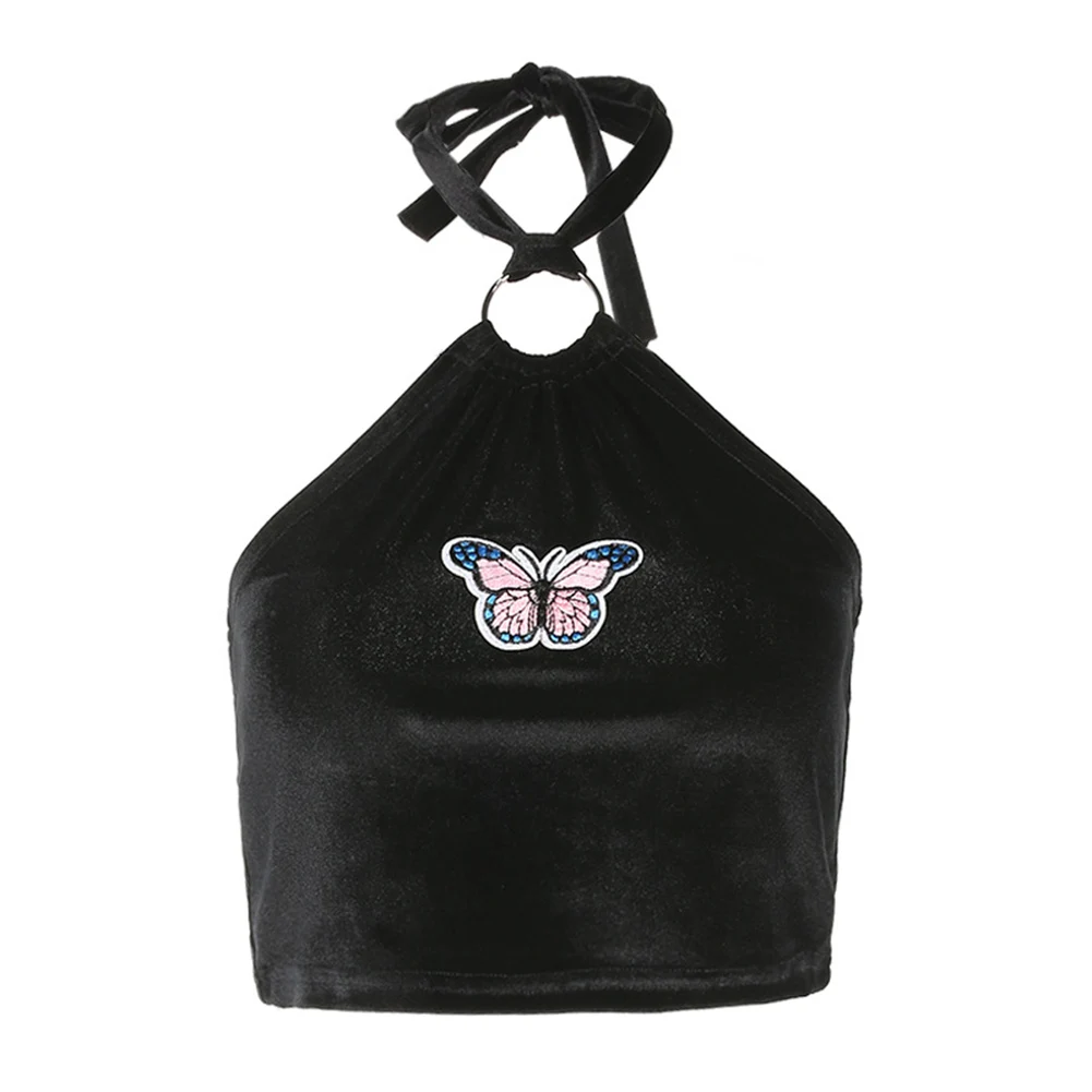 Женская летняя укороченная майка с лямкой на шее Черная вышитыми металлическими