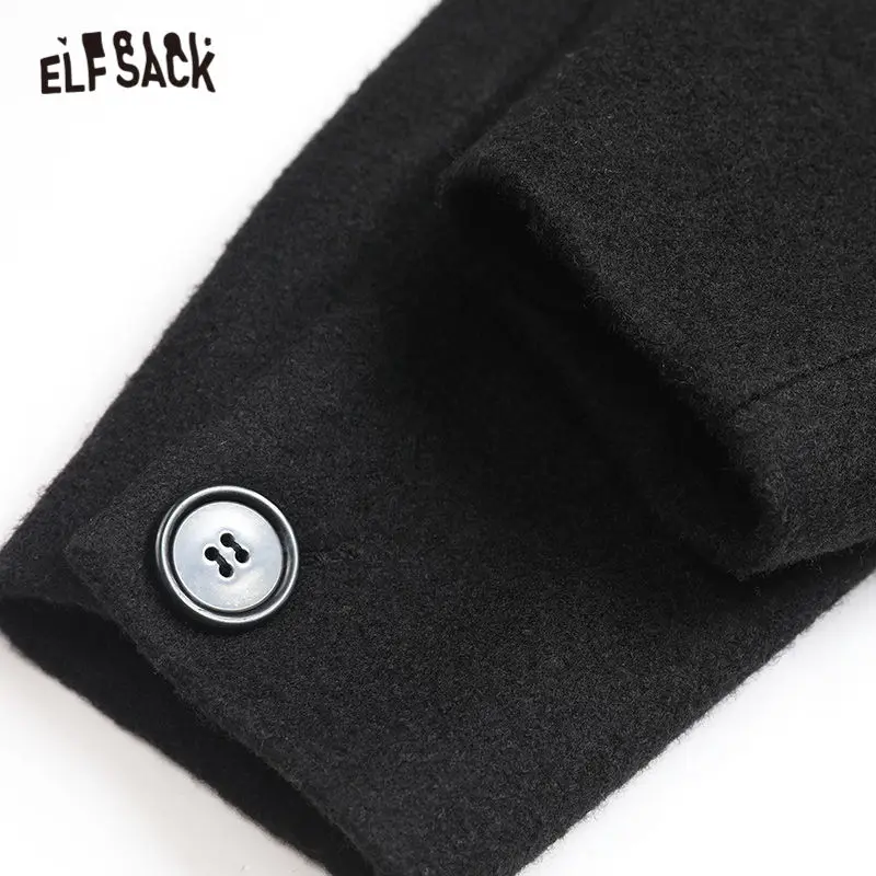 ELFSACK, черные, одноцветные, прямые, двубортные, шерстяные пальто для женщин, зима, пояс сзади, длинный рукав, повседневная женская теплая верхняя одежда