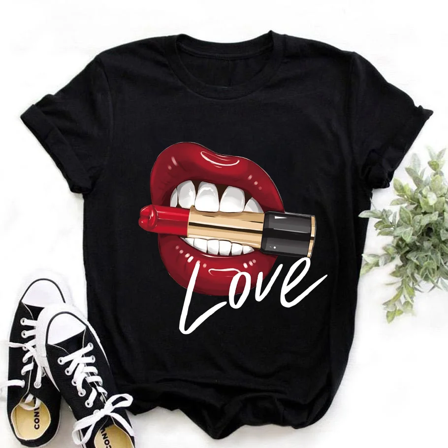 ZOGANKIN Cute Printed Black Tops Red Lips and Lipsticks Fashion Women Love Tshirt Female Tee Shirt Ladies Clothes