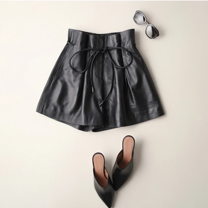 Шорты женские из 100% натуральной кожи зимние черные свободные со средней талией