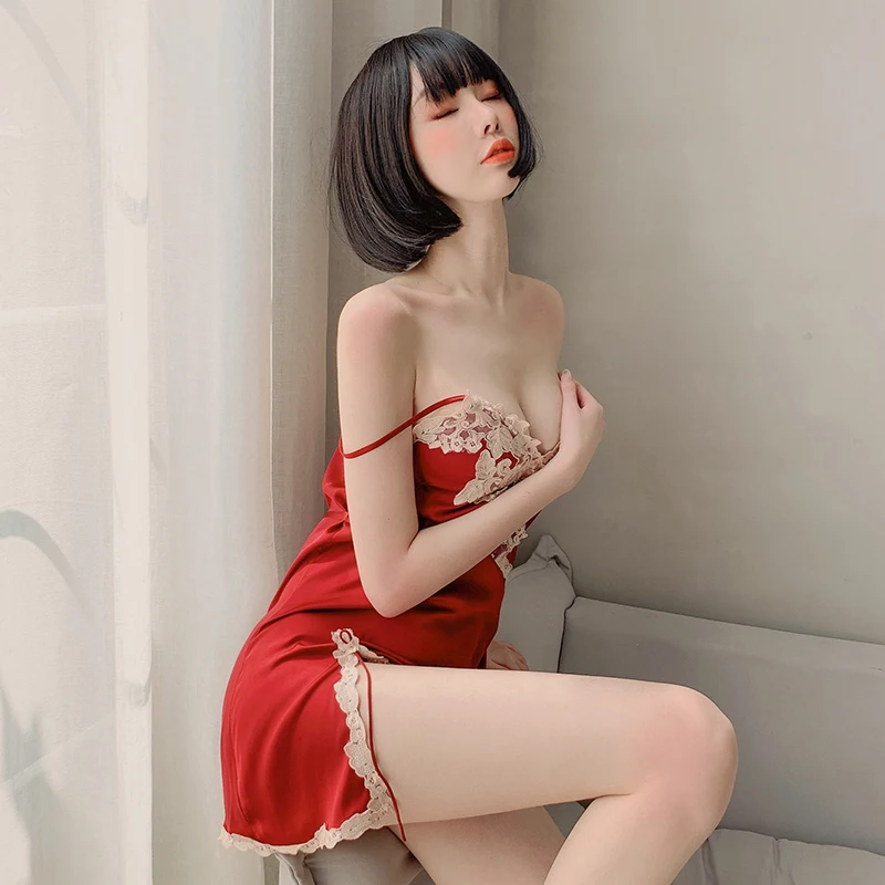 

Plus Size Hot Erotic Lingerie Sexy Underwear Night Dress For Women V-Neck Sleepwear Skirt Silk Nightgown Sleeveless Nightdress