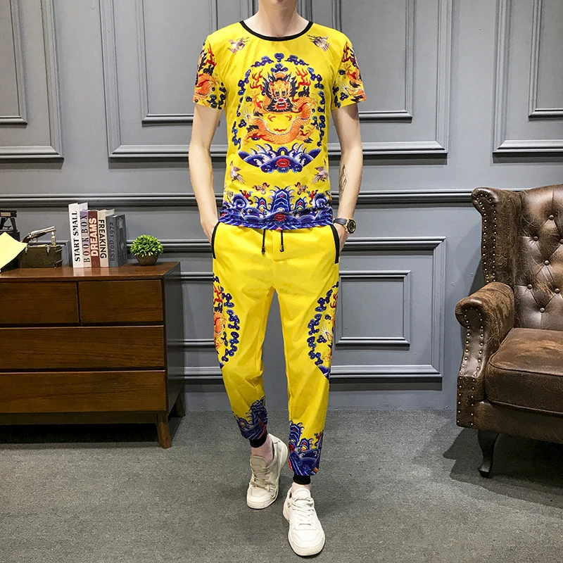 

Комплект из двух предметов с принтом дракона, мужские облегающие костюмы, мужской комплект, футболка с коротким рукавом, высококачественны...