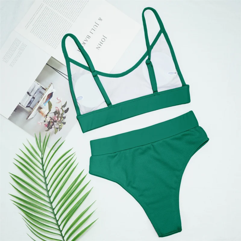 

2021 Bikini New Solid Color Special Fabric Stitching Sexy Bikini High Waist Bikini