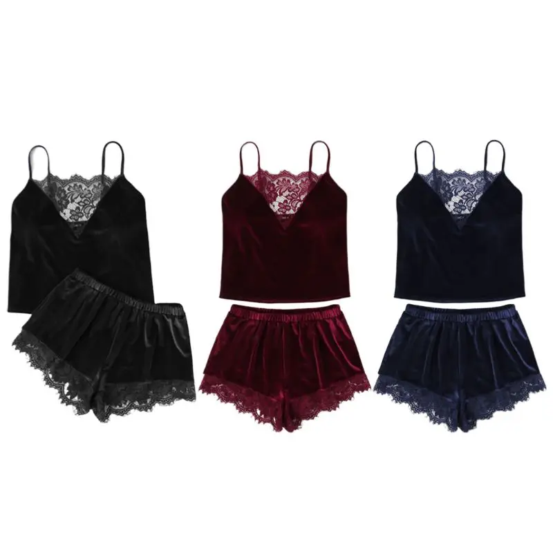 

Women Sexy Velvet Lingerie Sleepwear Spaghetti Strap Cami Top Wide Leg Shorts Eyelash Floral Lace Splice Solid Color Pajamas Set