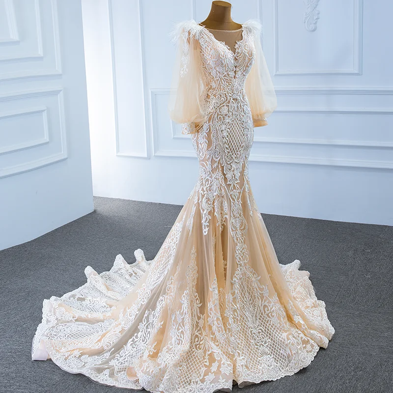 J67209 Jancember New Mermaid Wedding Dress 2020 Custom Design Dress Pearls V-Neck Long Lantern Sleeve Applique
