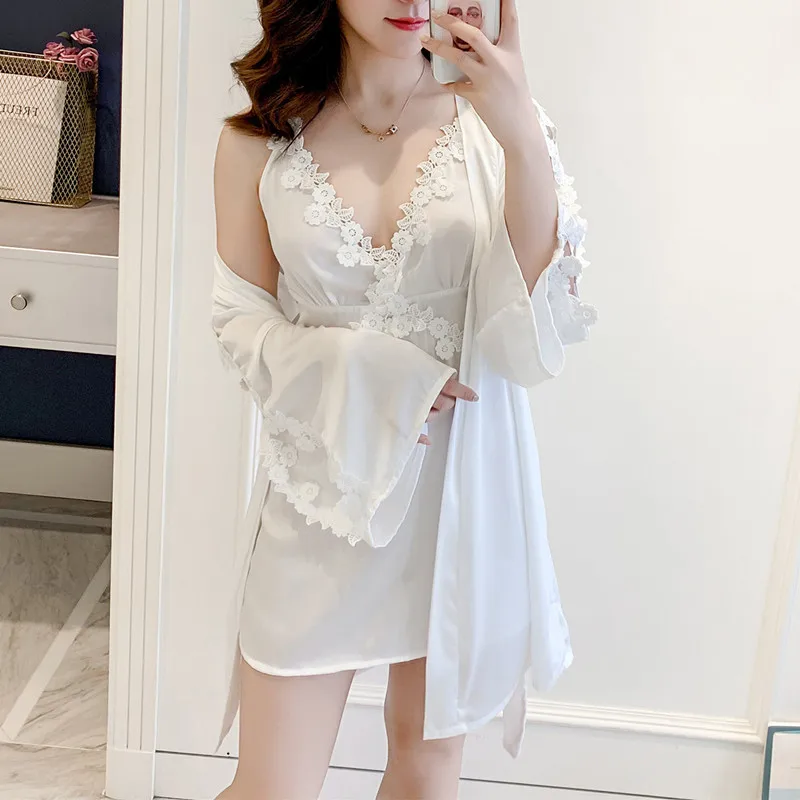 

Sexy Hollow Out 2PCS Robe Set Nightdress Lady Satin Nighty&Robe Suit Sleepwear Intimate Lingerie 2021 New Homewear Nightwear