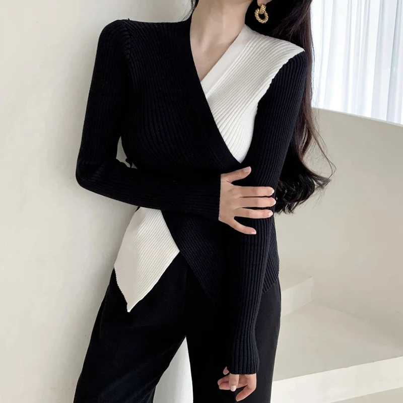 

Hit Color Patchwork Slim Fit Knit Sweater Women V Neck Long Sleeve Irregular Chic Top All Match Femme 2021 New Autumn
