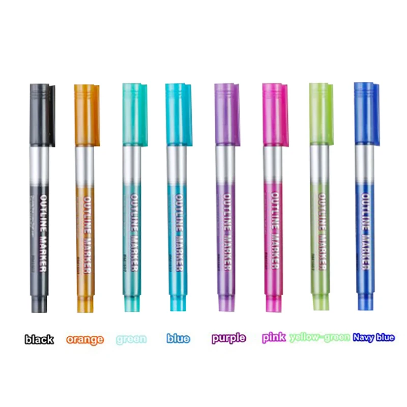 

8pc Color Card Writing Drawing Double Line Outline Pen Highlighter Marker Pens