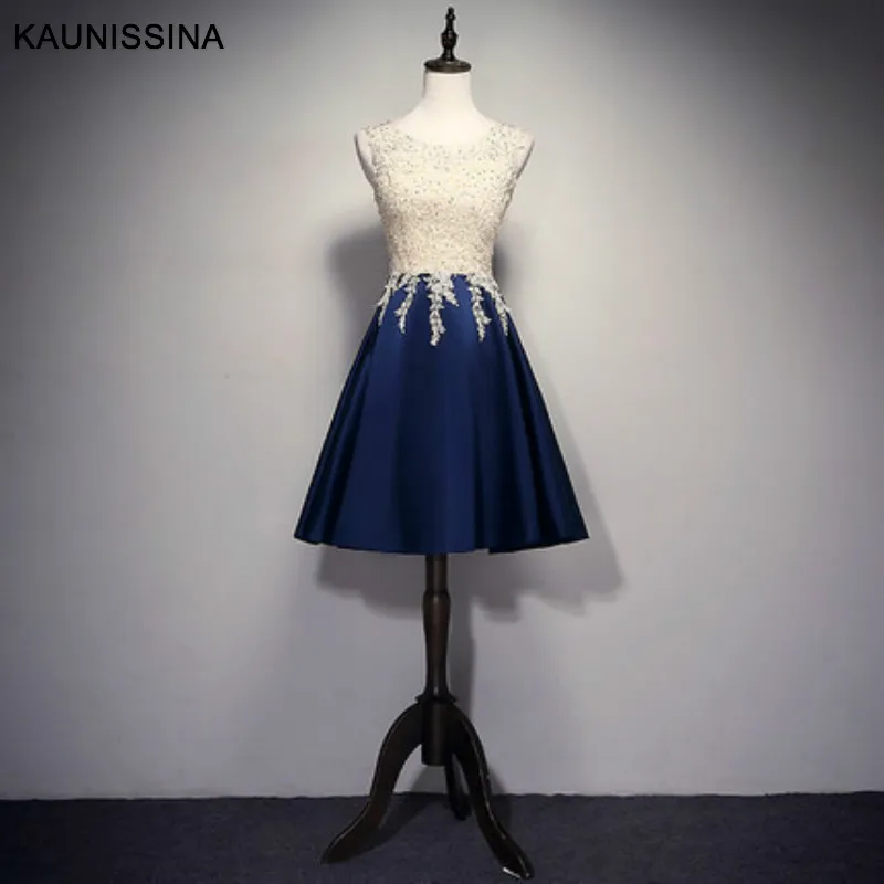 Short Navy Blue KAUNISSINA, женское вечернее платье для церемонии, длинное платье, круглый вырез, кружево, атлас, бисер, длина до пола, платье для выпускного вечера, настоящая фотография, Vestido - Цвет: Short Navy Blue