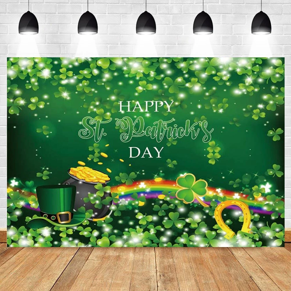 

Happy St. Patrick's Day Backdrop Photography Spring Rainbow Hat Green Shamrock Lucky Festival Party Background Photo Booth Props