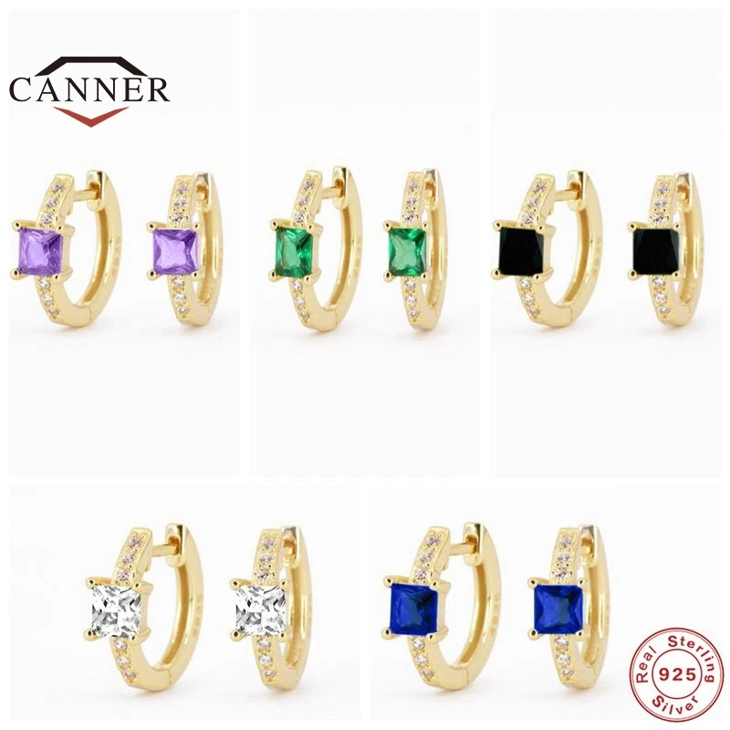 

CANNER Colorful Zircon Real 925 Sterling Silver Hoop Earrings for Women Huggie Piercing Round Earring Jewelry Pendientes Brincos
