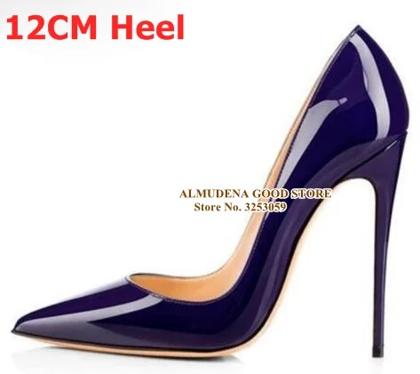 royal blue 12cm heel ALMUDENA/брендовые туфли-лодочки на шпильке 12, 10, 8 см модельные туфли из лакированной кожи дизайнерские свадебные туфли с острым носком на тонком каблуке размер 45 - Цвет: royal blue 12cm heel