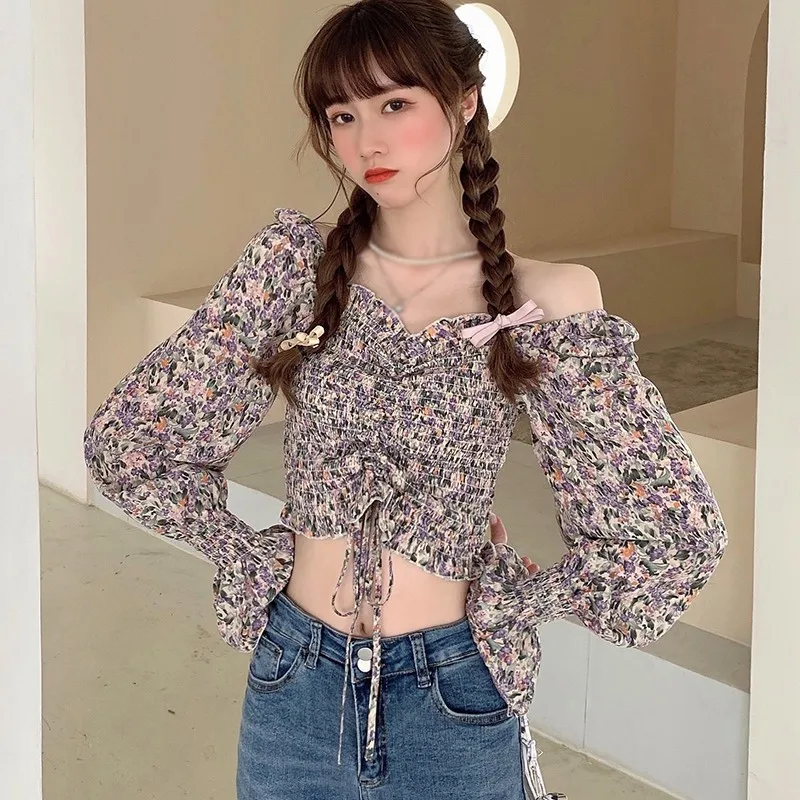 

Summer Square Collar Blouse Women Sexy Pleated Floral Chiffon Shirts Long Sleeve Korean Blusas Tops