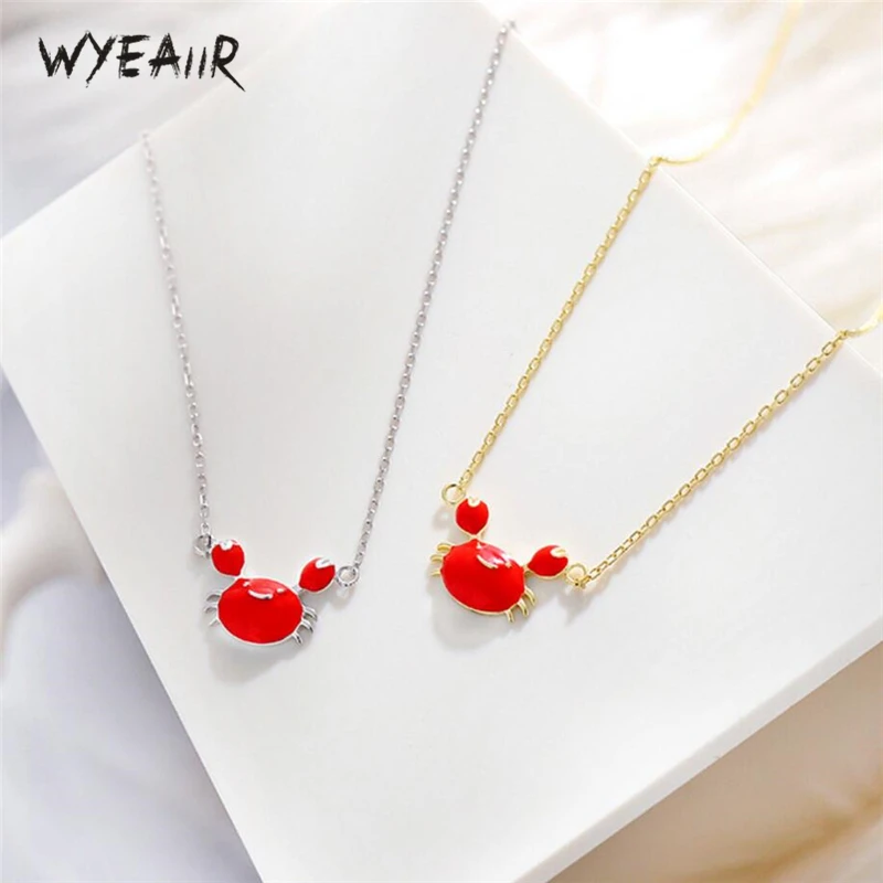 

WYEAIIR Simple Red Dripping Glaze Cute Crab Literary Original 925 Sterling Silver Clavicle Chain Female Necklace