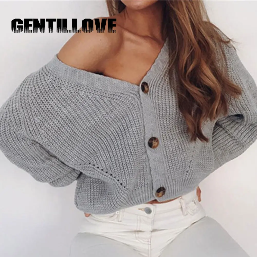 

Женский однобортный кардиган с длинными рукавами-фонариками и V-образным вырезом